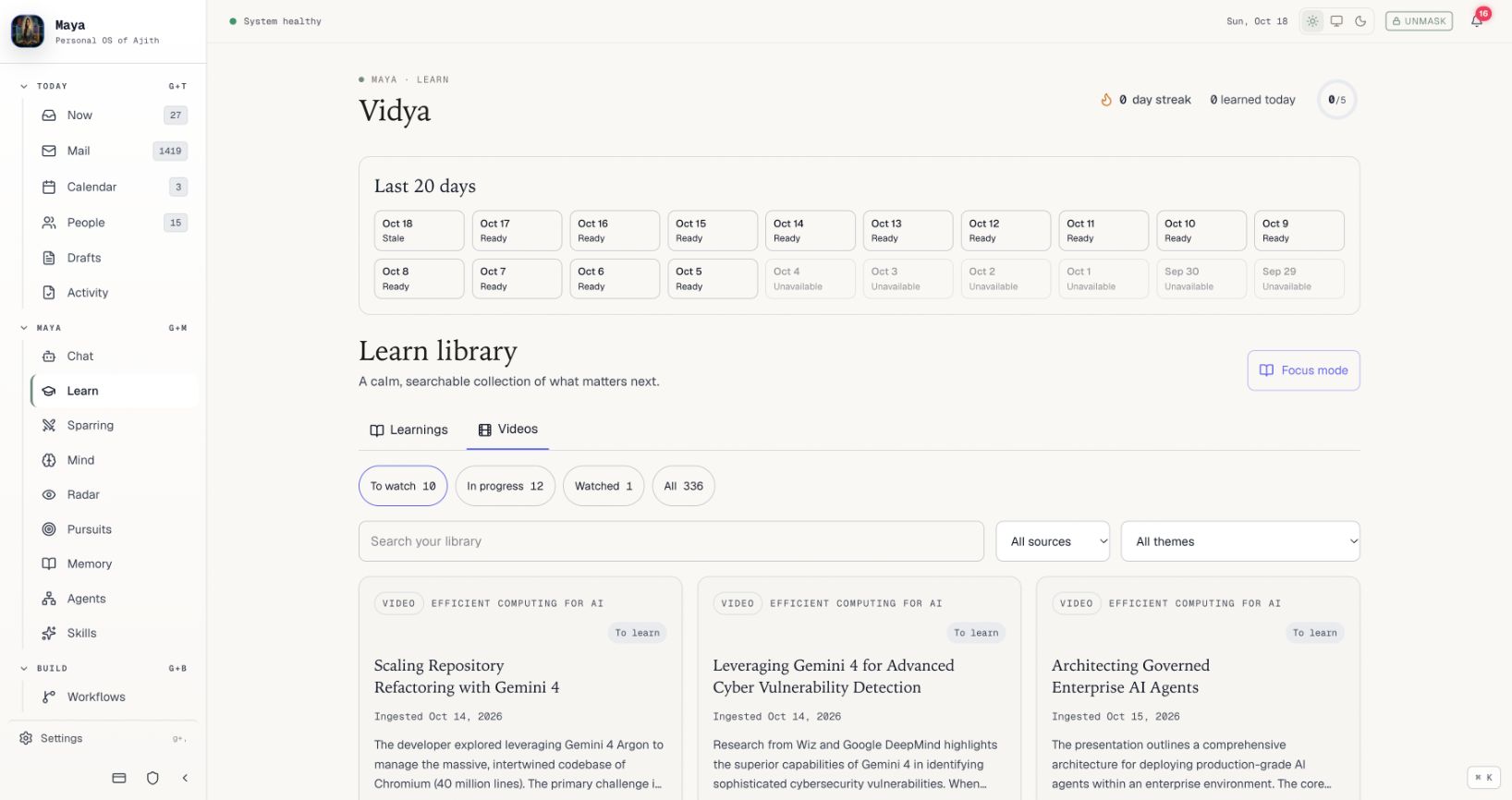 Maya’s learning library, with saved technical videos, search and progress filters.